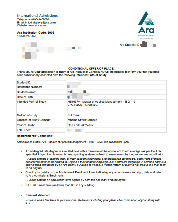 Y Ara Institute of Canterbury 应用管理硕士 Offer