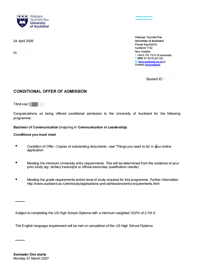 W University of Auckland 传播学学士 Offer