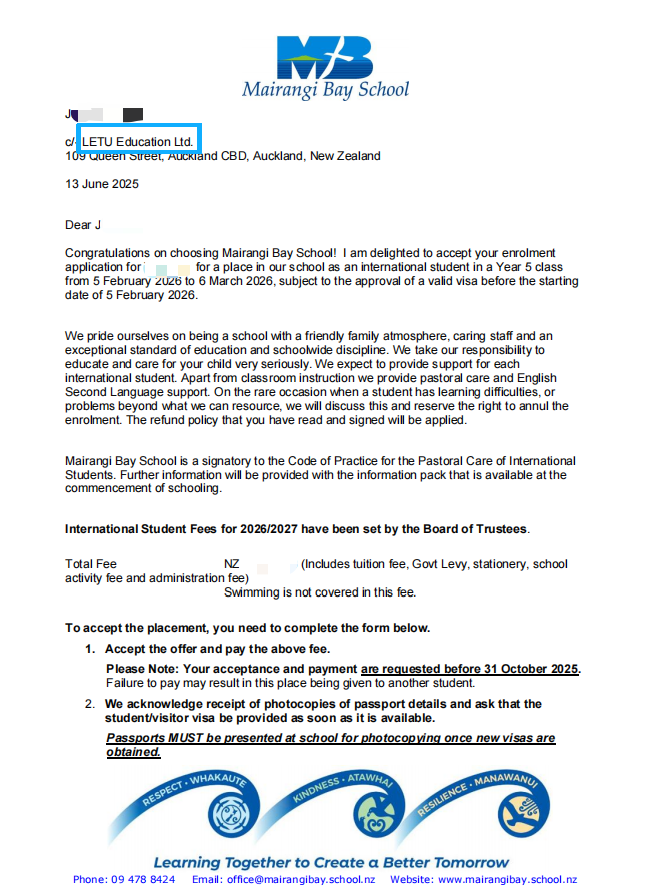 J Mairangi Bay School 短期游学 Offer