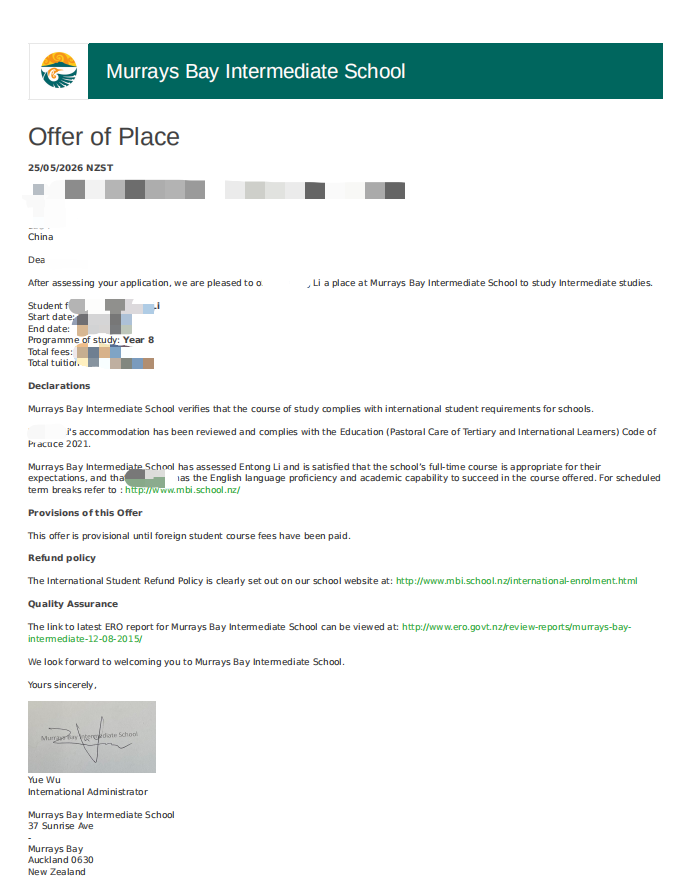 I Murrays Bay Intermediate 中学项目 Offer