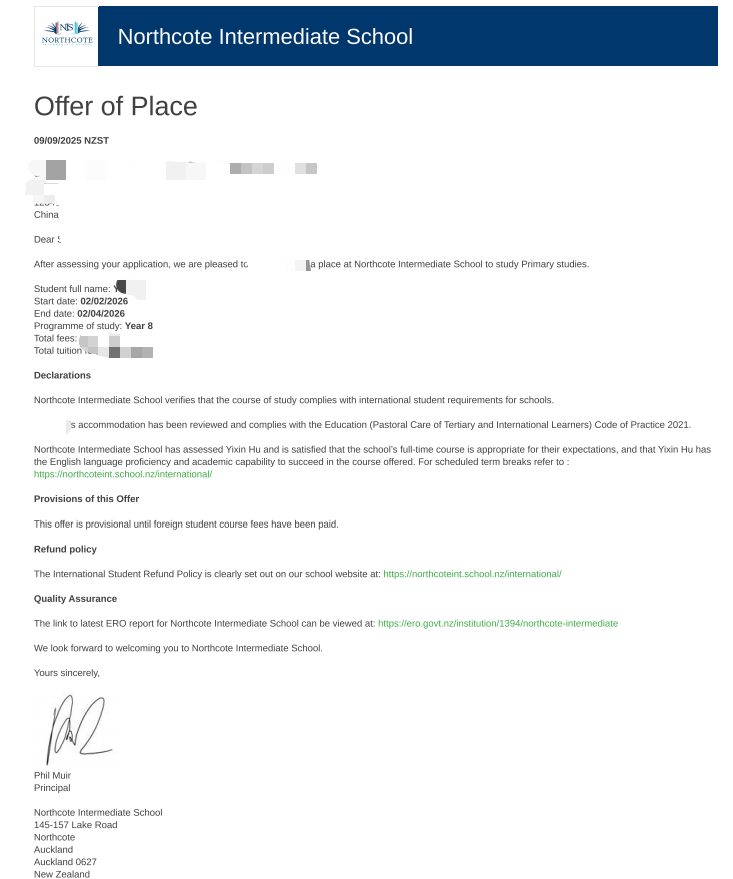 Y Northcote Intermediate School 短期游学 Offer
