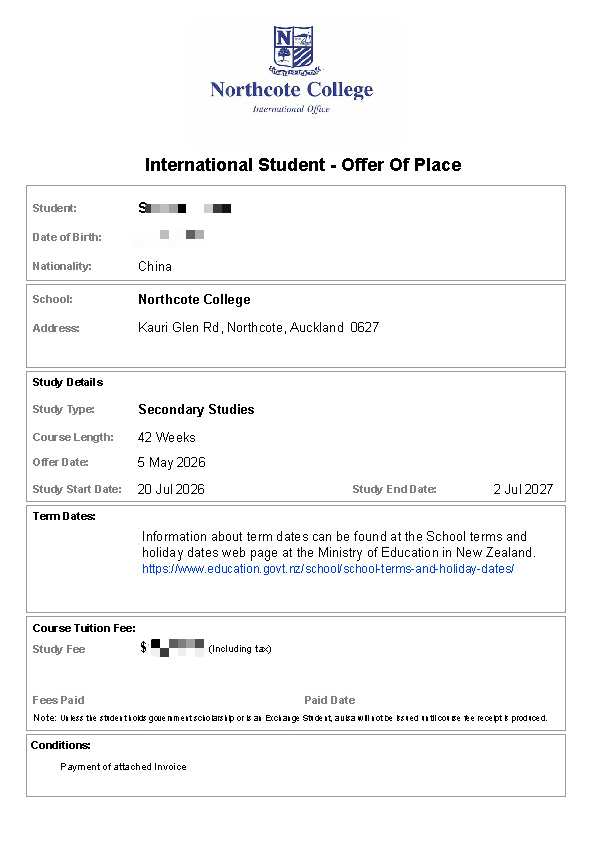 S Northcote College 高中项目 Offer