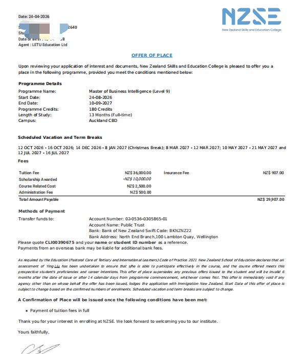 L New Zealand Skills and Education College 商业智能硕士 Offer