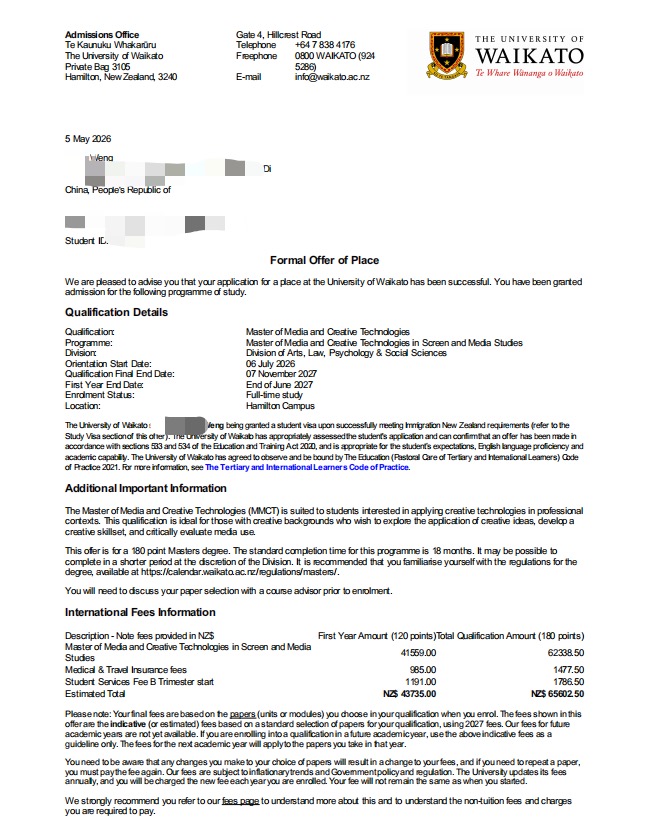 W University of Waikato 媒体与创意技术硕士 Offer