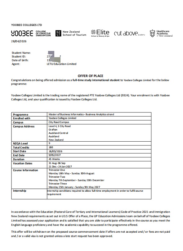 L Yoobee College of Creative Innovation 商业信息学硕士（商业分析方向） Offer